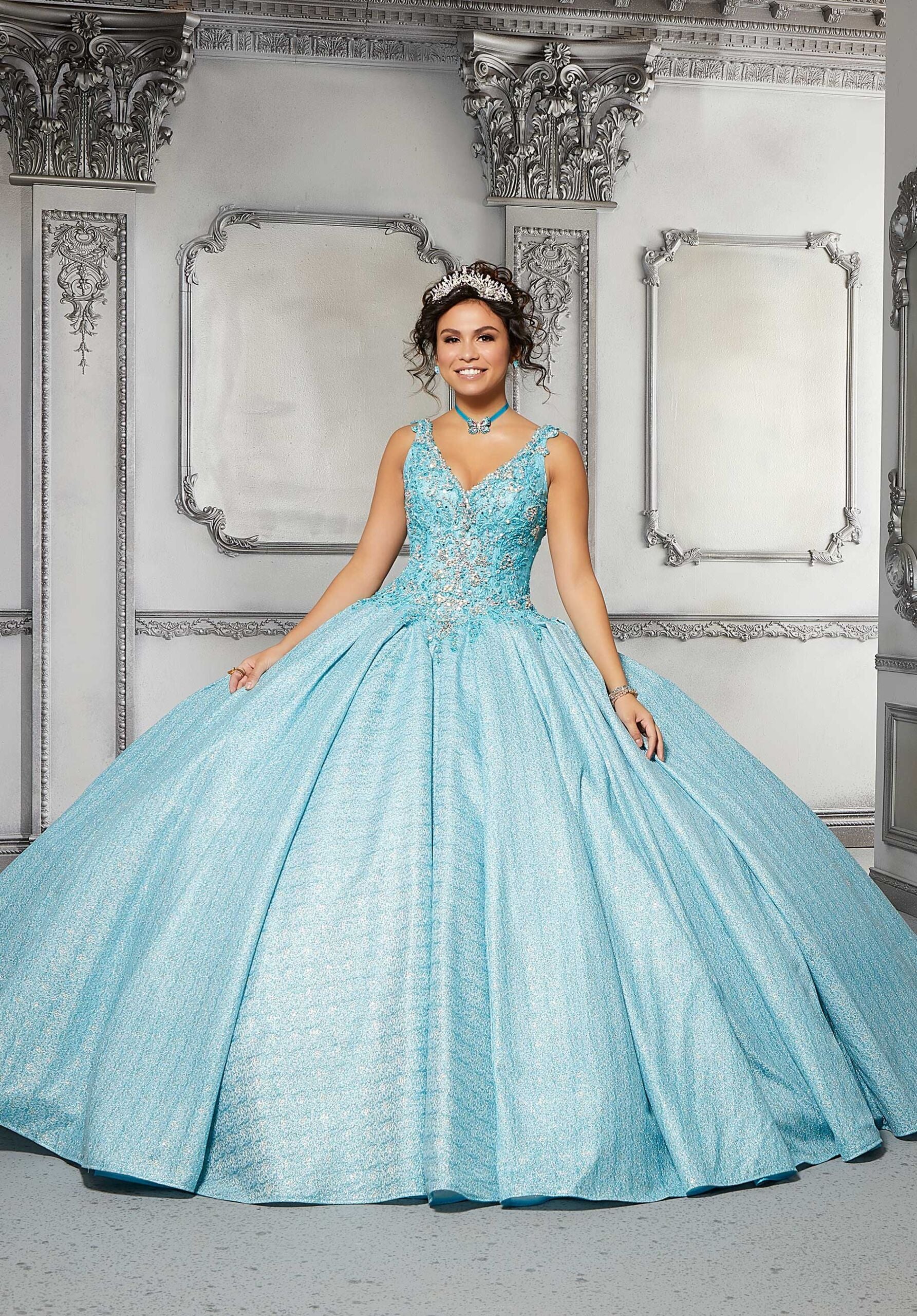 satin quince dress Light Blue Puffed Sleeve Quinceanera Dresses Satin Formal Dresses 21367 Custom Colors / 18W