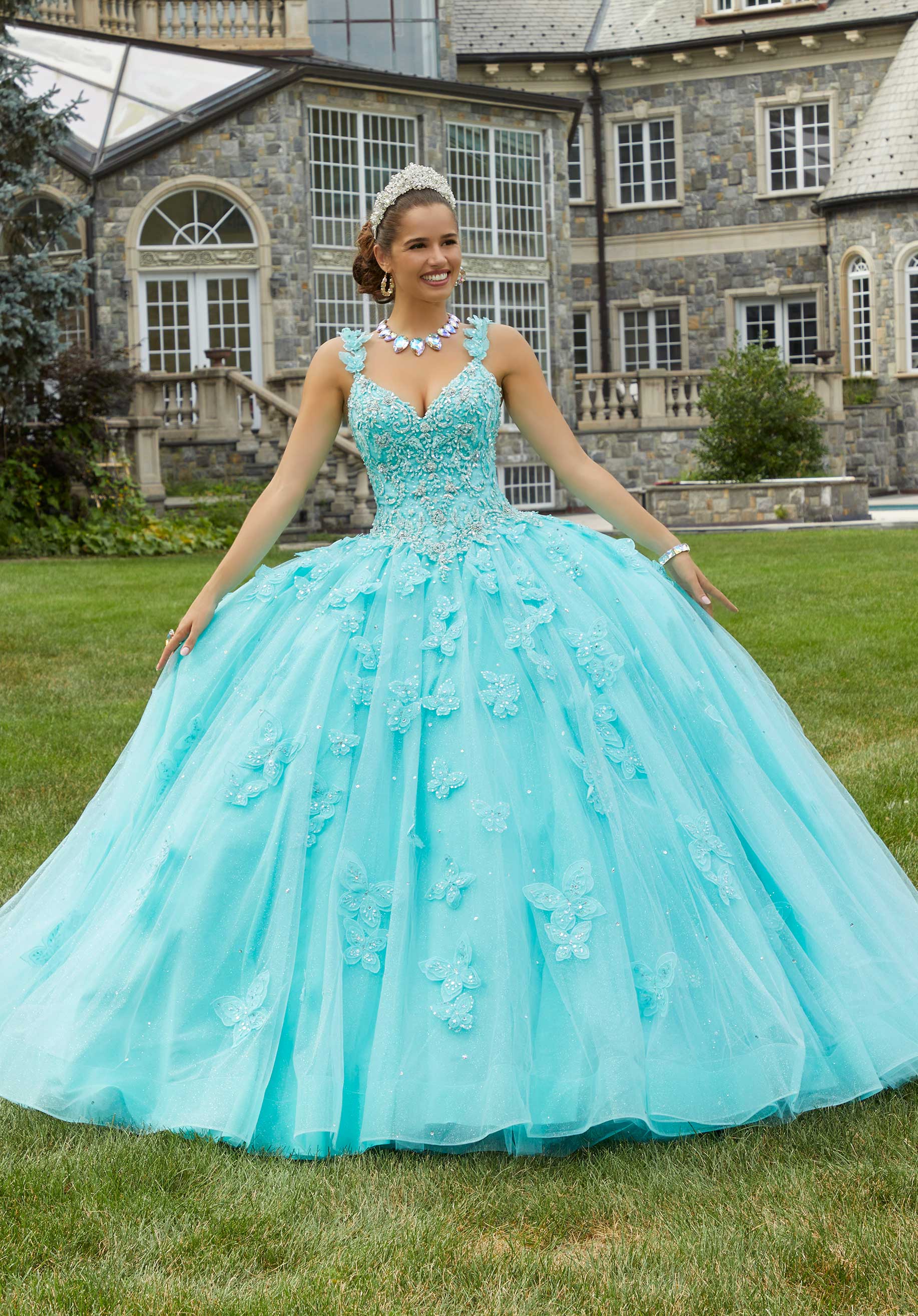 MORILEE 34084 AQUA Three Dimensional Butterfly and Embroidered Quince PROM BAE