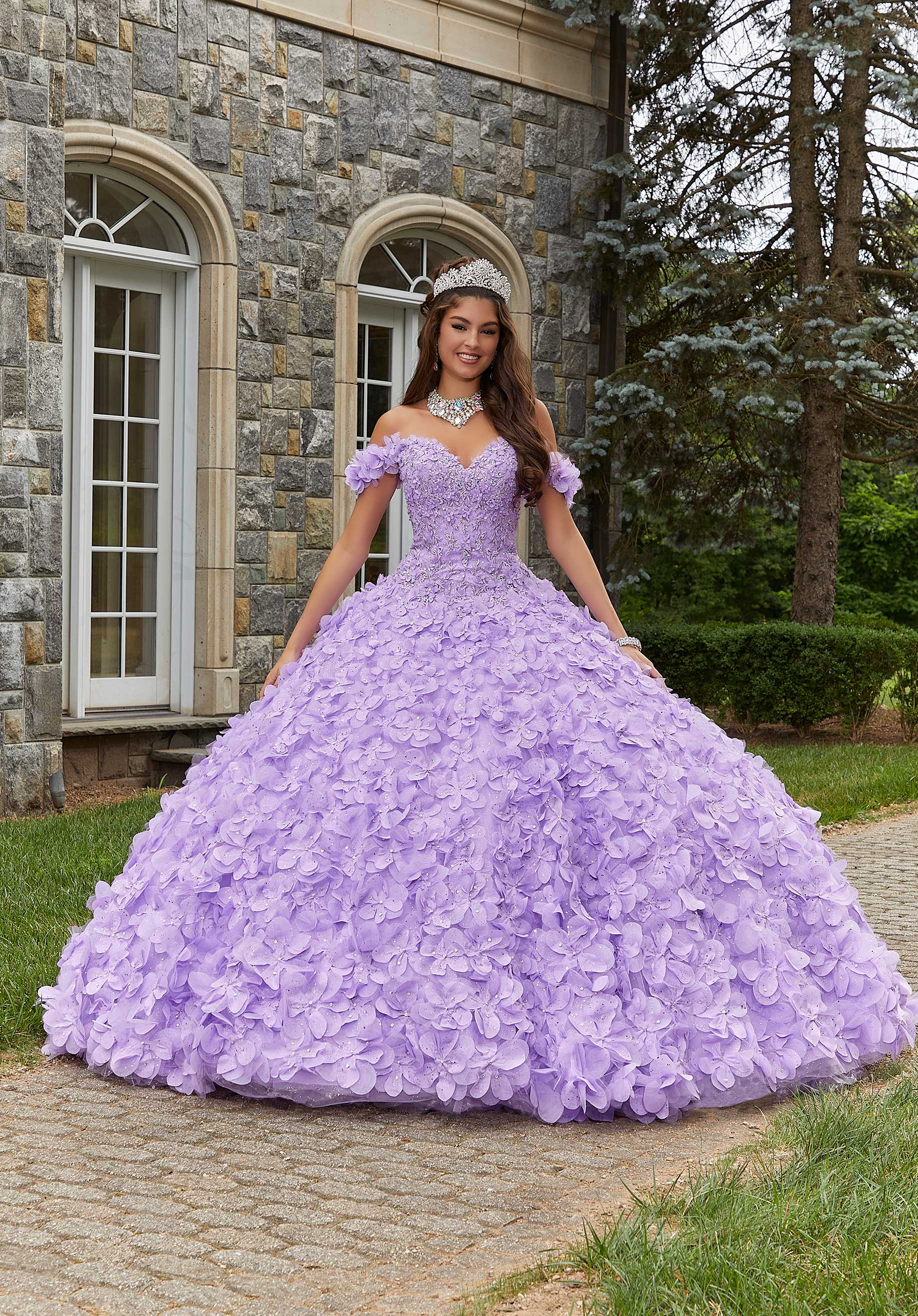 purple quinceanera dress MoriLee #89403 Lilac Crystal Beaded Lace Quinceañera Dress with Floral Skirt