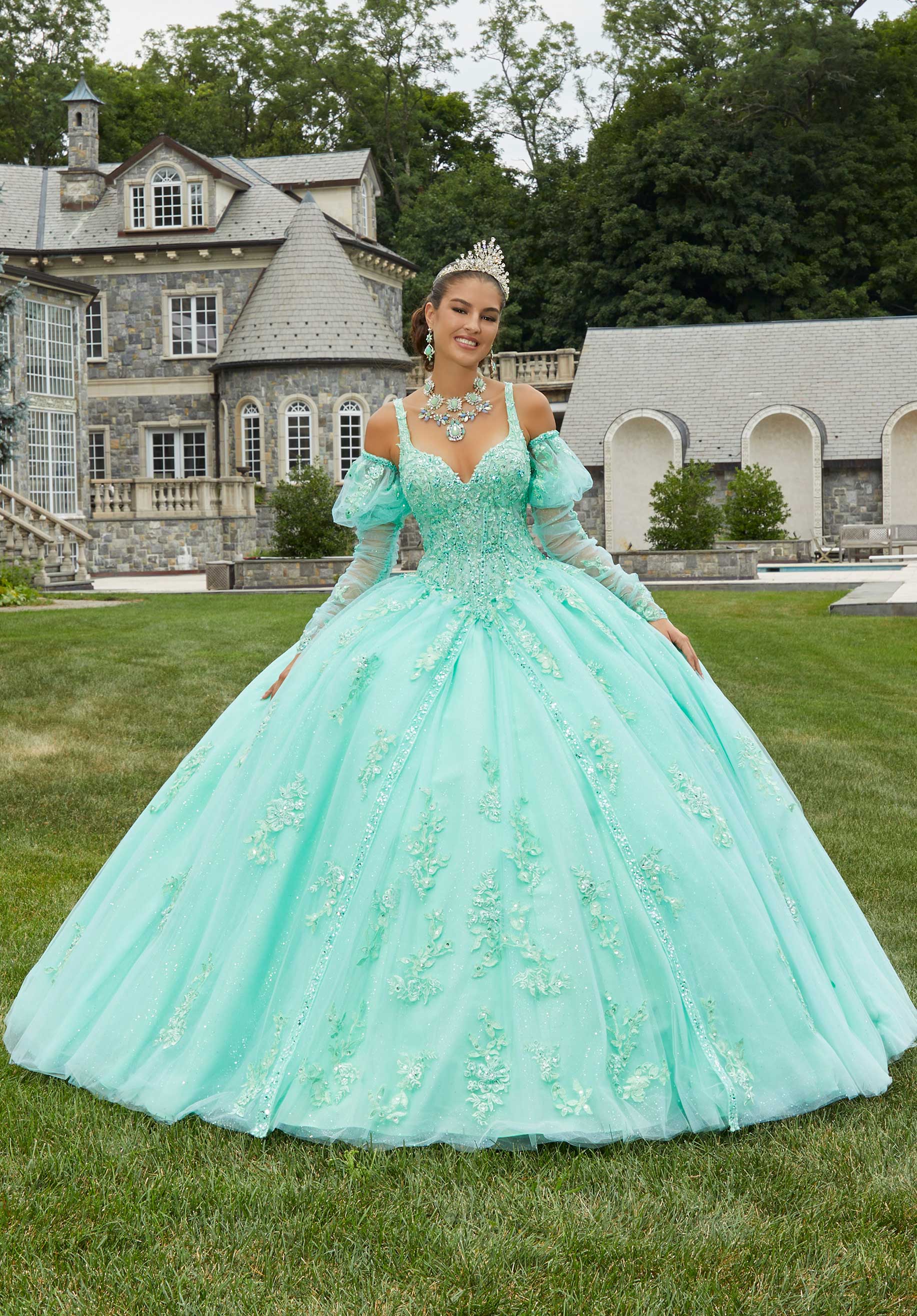 MORILEE #89407 Bright Mint Lace and Princess Tulle Quinceaera Dress PROM BAE MORILEE #89407 Bright Mint Lace and Princess Tulle Quinceaera Dress PROM BAE