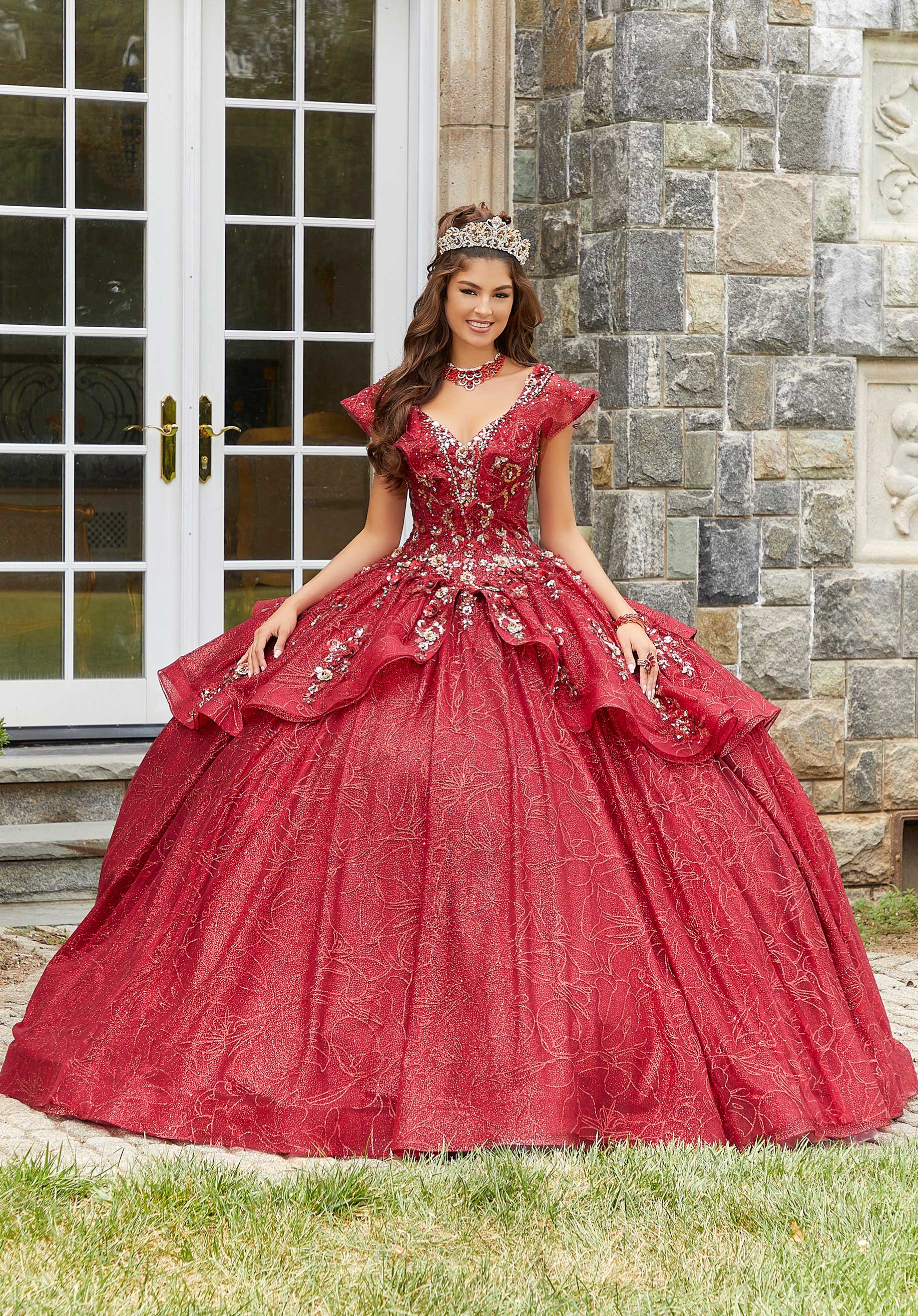 MORILEE #89412 RED/GOLD Contrasting Three-Dimensional Appliqud Quince PROM BAE MORILEE #89412 RED/GOLD Contrasting Three-Dimensional Appliqud Quince PROM BAE
