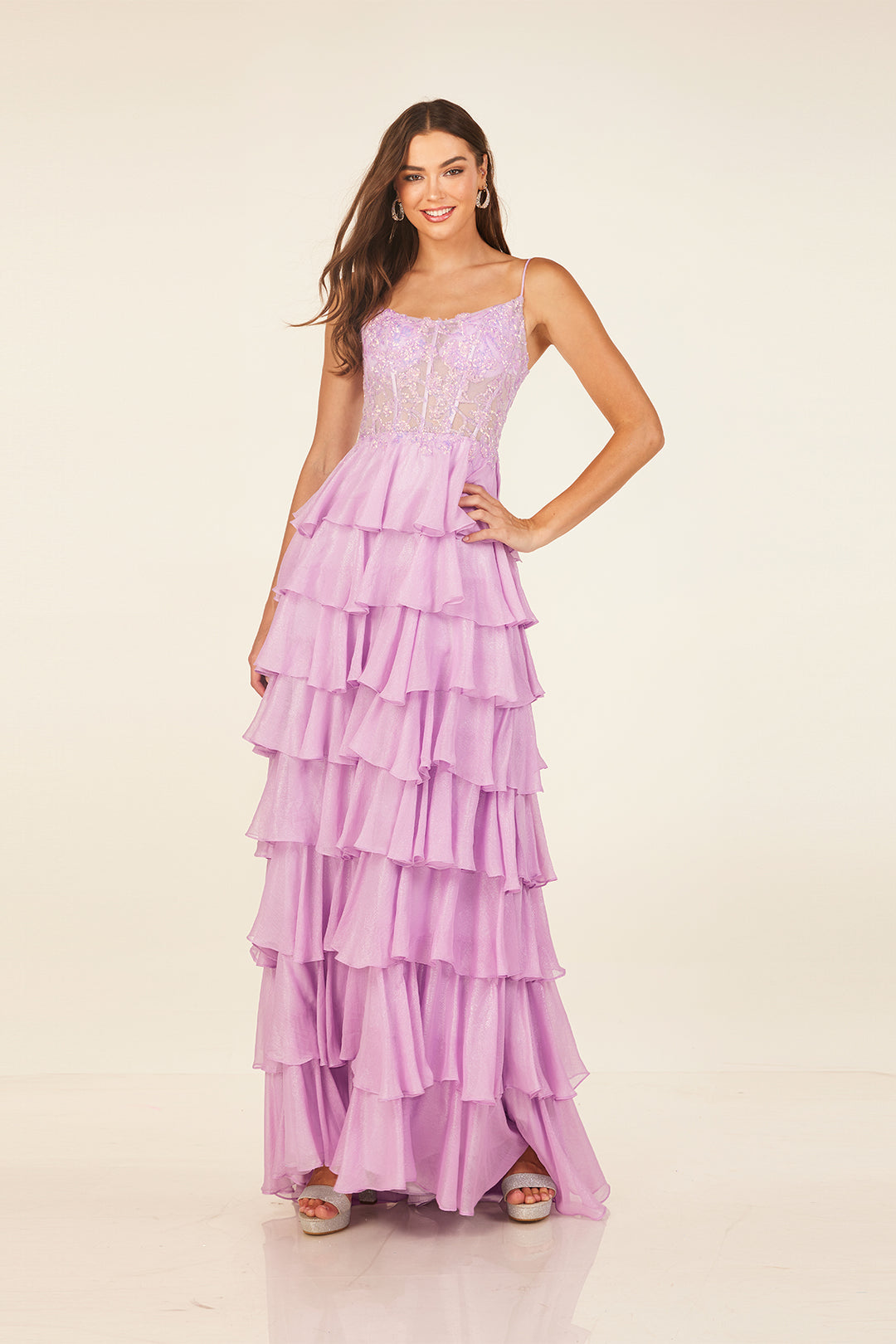 pinka dresses Alianna Pink A-Line Spaghetti Straps Tiered Tulle Prom Dress Pink / 4