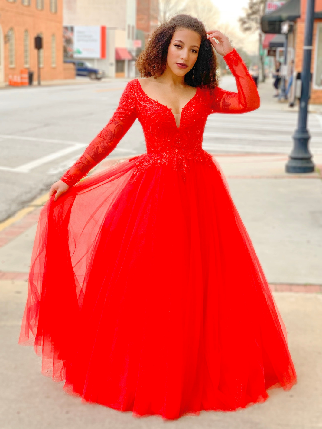 Red Tulle Sleeved Ballgown Prom Dress