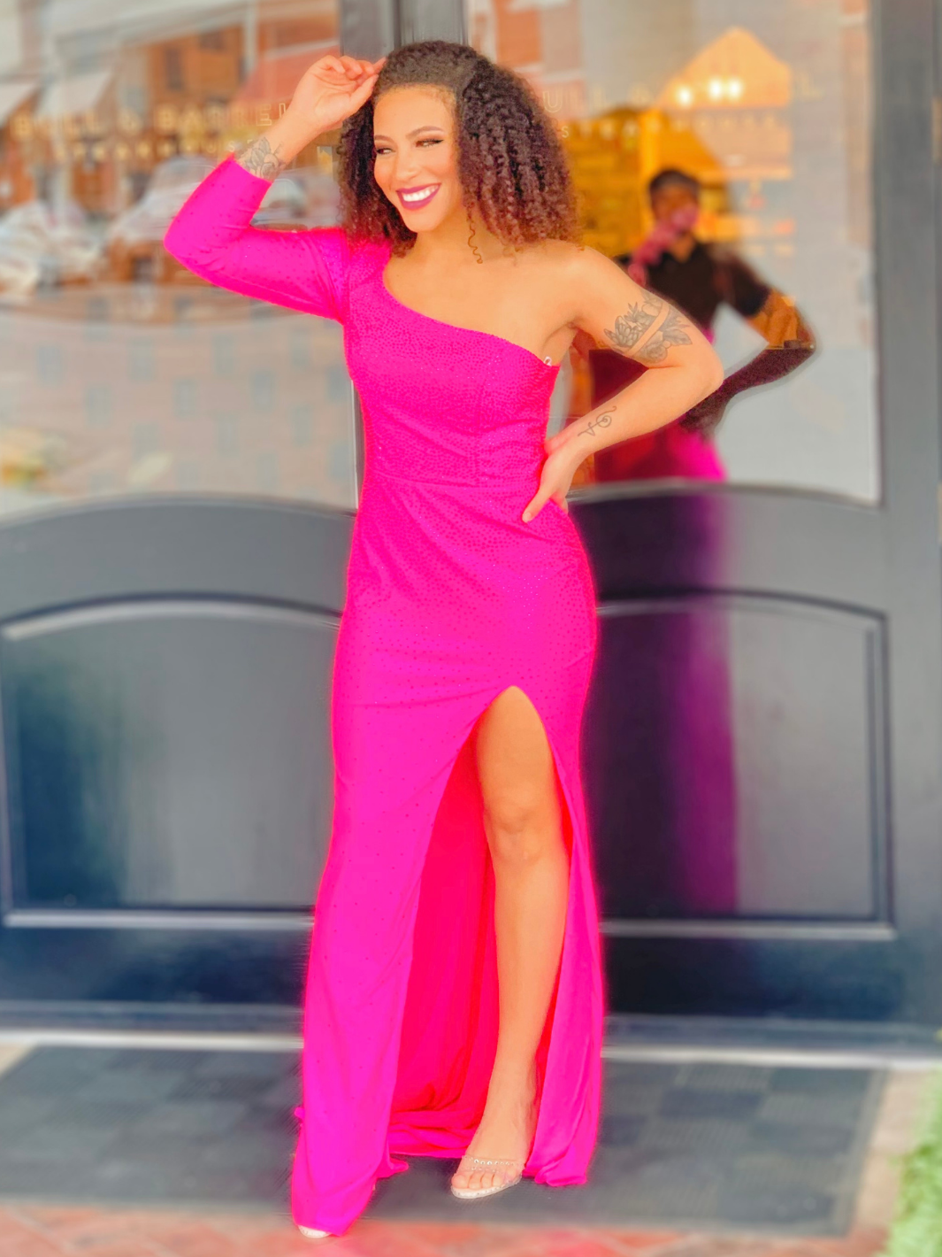 Neon Pink One Shoulder Prom Dress
