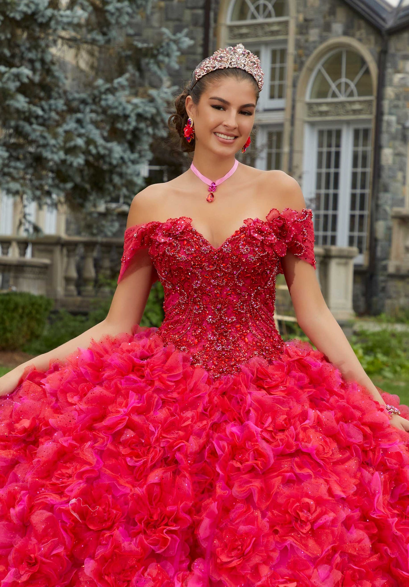 MORILEE #34081 WILD BERRY Three-Dimensional Floral Lace Quinceañera Dress with Floral Skirt
