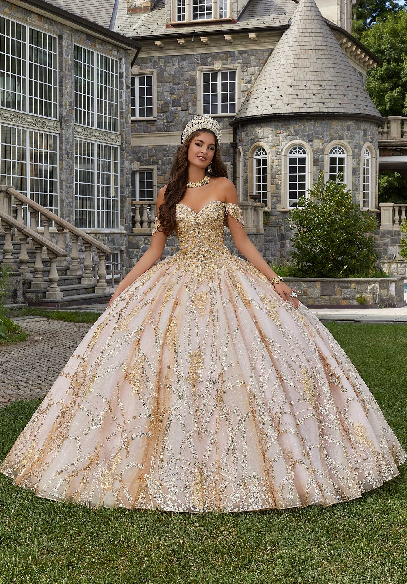 rose gold glitter quinceanera dress Glitter Rose Gold Quinceanera Dress Bow Off Shoulder Beads Shiny Sweet 16 Dress