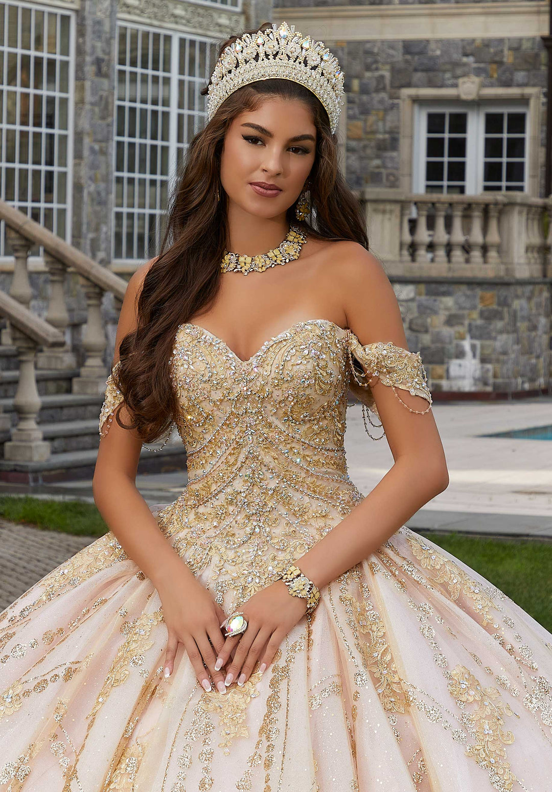 MORILEE #34083 BLUSH/ROSE GOLD Patterned Glitter Quinceaera Dress wit PROM BAE MORILEE #34083 BLUSH/ROSE GOLD Patterned Glitter Quinceaera Dress wit PROM BAE