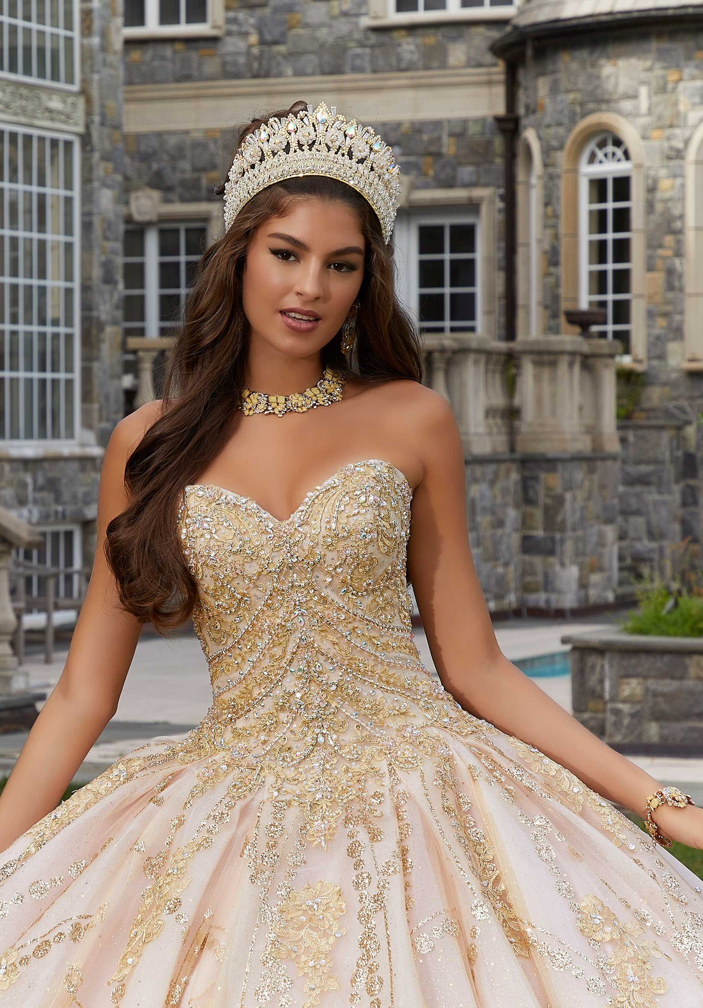 MORILEE #34083 BLUSH/ROSE GOLD Patterned Glitter Quinceaera Dress with Chandelier Beading MORILEE #34083 BLUSH/ROSE GOLD Patterned Glitter Quinceaera Dress with Chandelier Beading