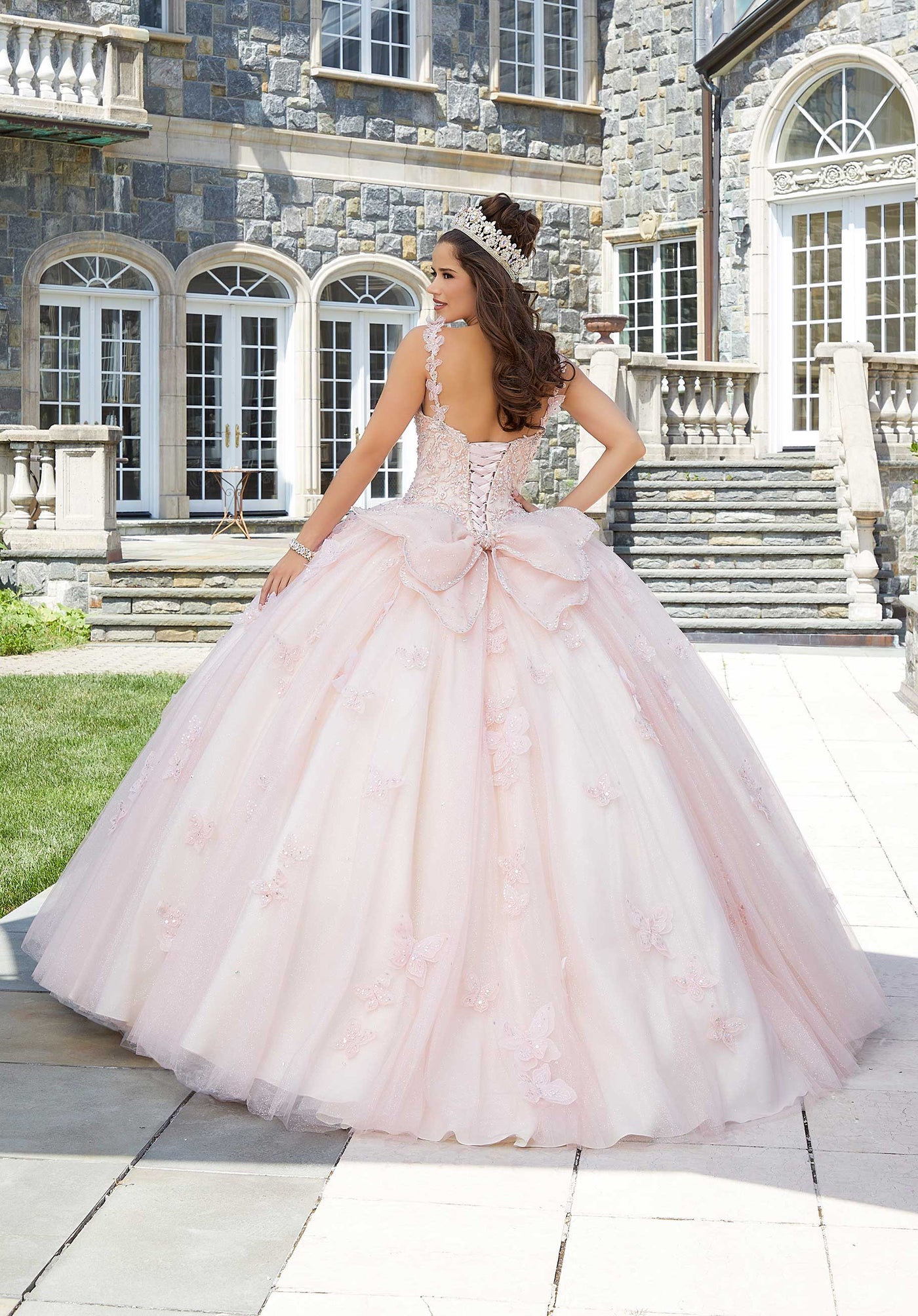 MORILEE #34084 BLUSH/CHAMPAGNE Three-Dimensional Butterfly and Embroidered Quinceañera Dress