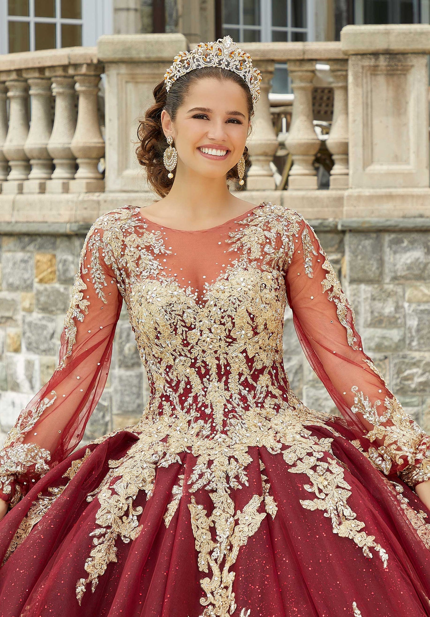 MORILEE #34086 SANGRIA/GOLD Crystal Beaded Lace Quinceañera Dress with Keyhole Back