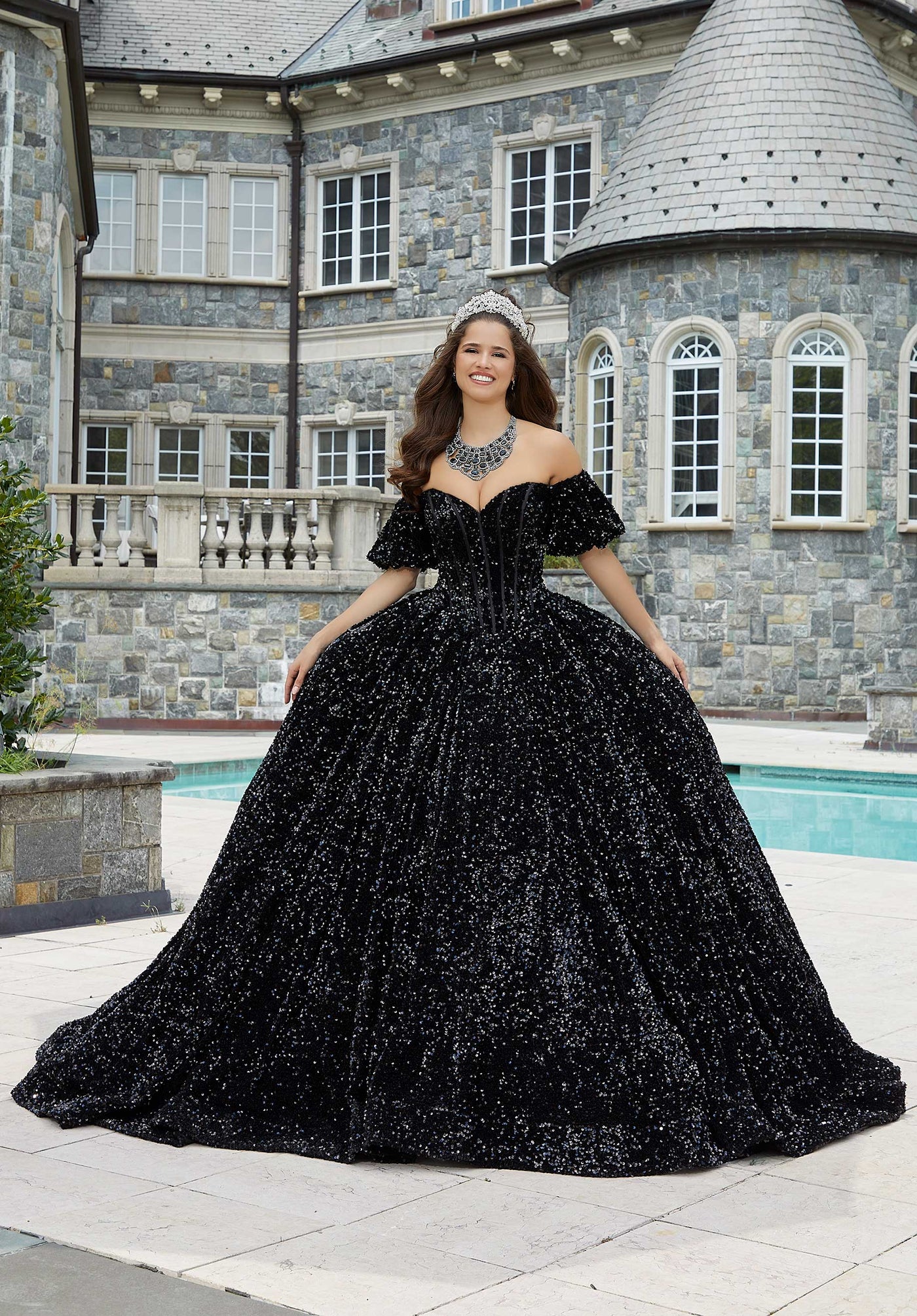MORILEE #60171 Black All over Sequin Corset Quinceañera Dress