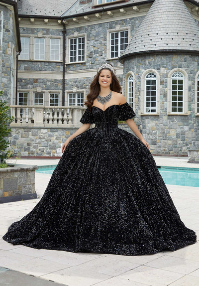 MORILEE #60171 BLACK All over Sequin Corset Quinceañera Dress