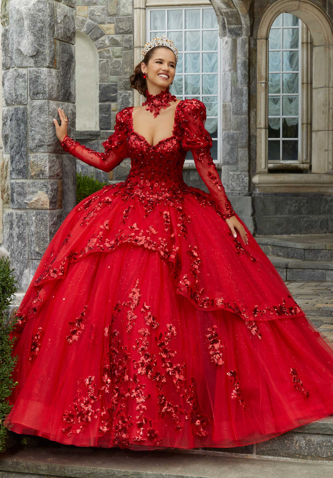 Red long sleeve quinceanera dress hotsell