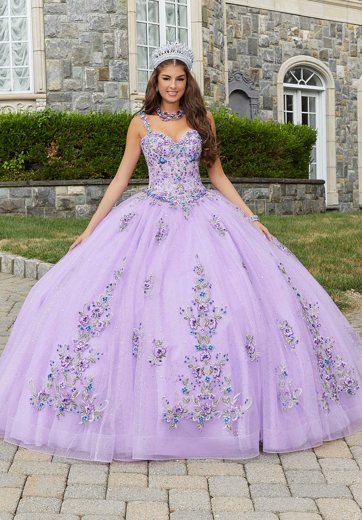 MORILEE #60176 ORCHID GARDEN Crystal Beaded Contrasting Floral Embroidered Quinceañera Dress