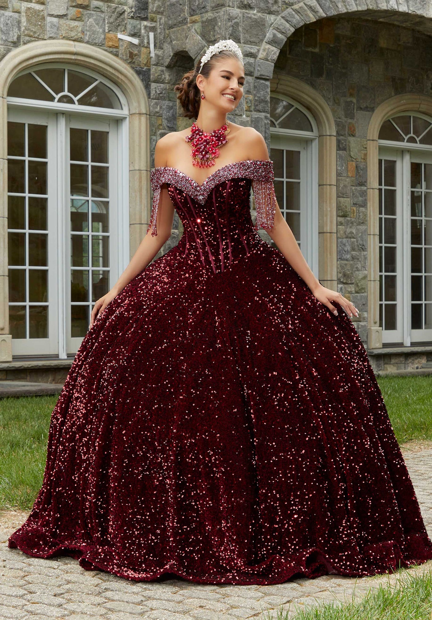 MORILEE #60177 WINE Allover Sequin Velvet Quinceaera Dress with Beaded Fringe MORILEE #60177 WINE Allover Sequin Velvet Quinceaera Dress with Beaded Fringe