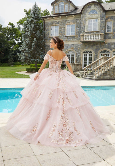 MoriLee #89402 Blush/Rose Gold Flounced Rhinestone and Sparkle Tulle Quinceañera Dress