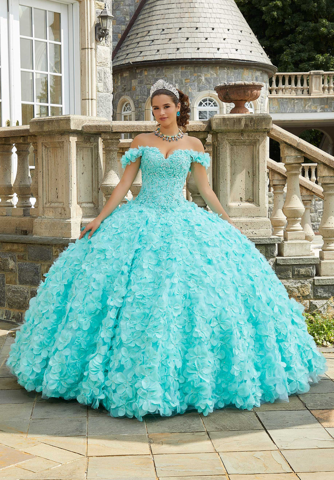 MoriLee #89403 Mint Crystal Beaded Lace Quinceaera Dress with Floral Skirt MoriLee #89403 Mint Crystal Beaded Lace Quinceaera Dress with Floral Skirt
