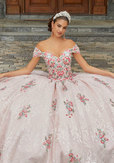 MORILEE #89405 Blush Contrasting Floral Embroidered Quinceañera Dress