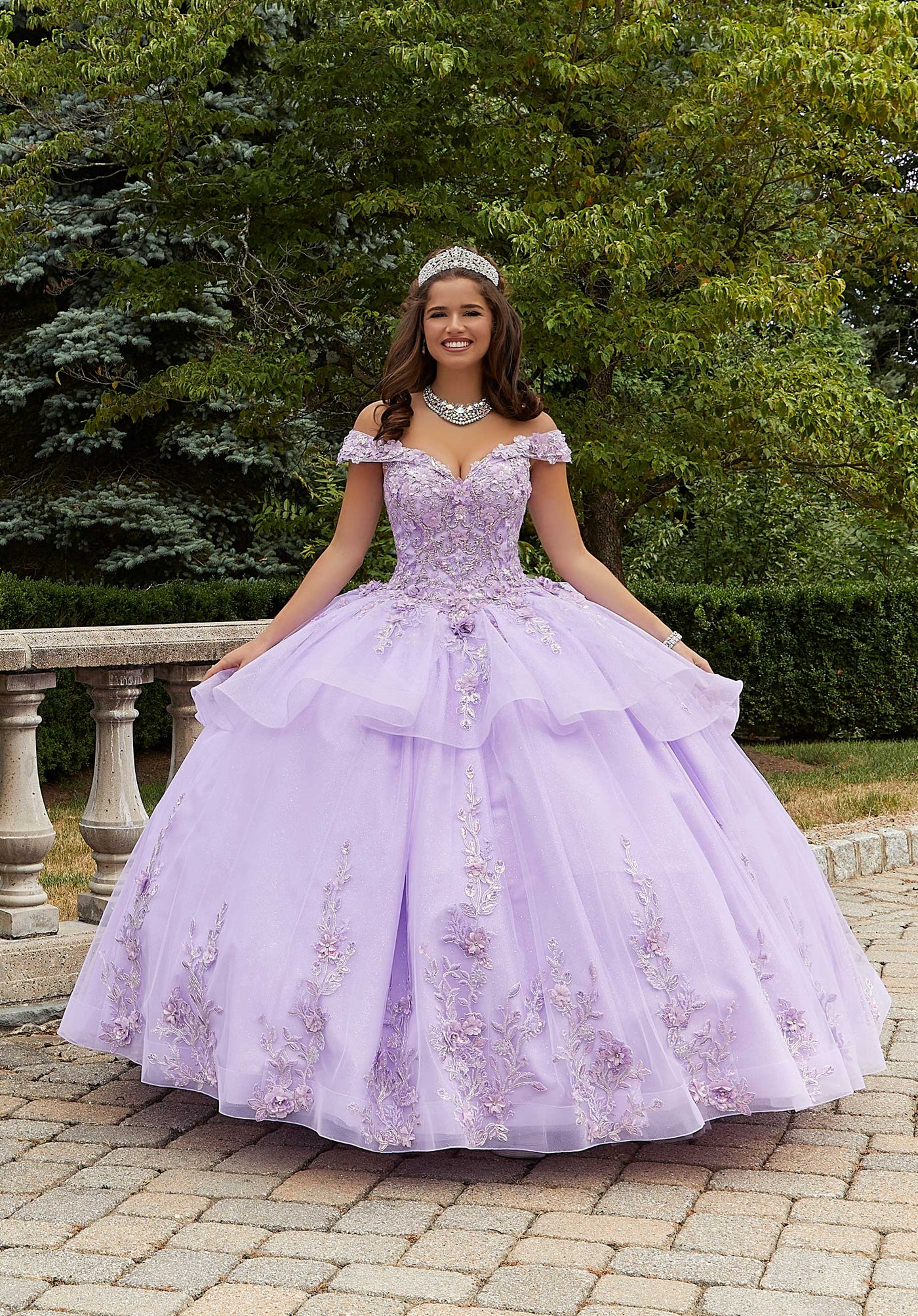 quince dresses light purple morilee #89409 Light Purple Three-Dimensional Floral Quinceañera Dress with Flounced Overskirt