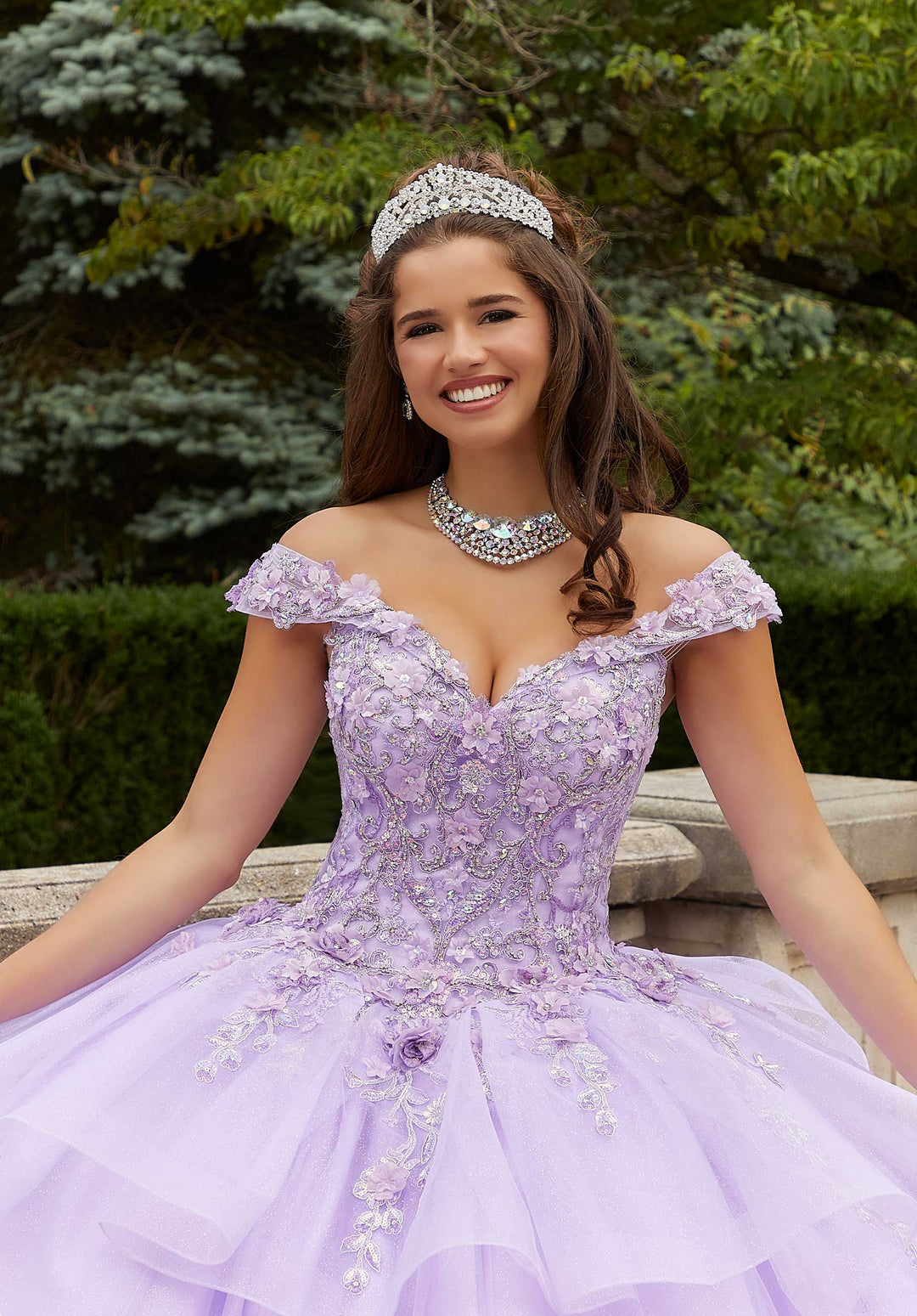 fitted lace wedding dress Purple And White Tulle Flowers Princess Crop Top Prom Dress Quinceaner –  Siaoryne