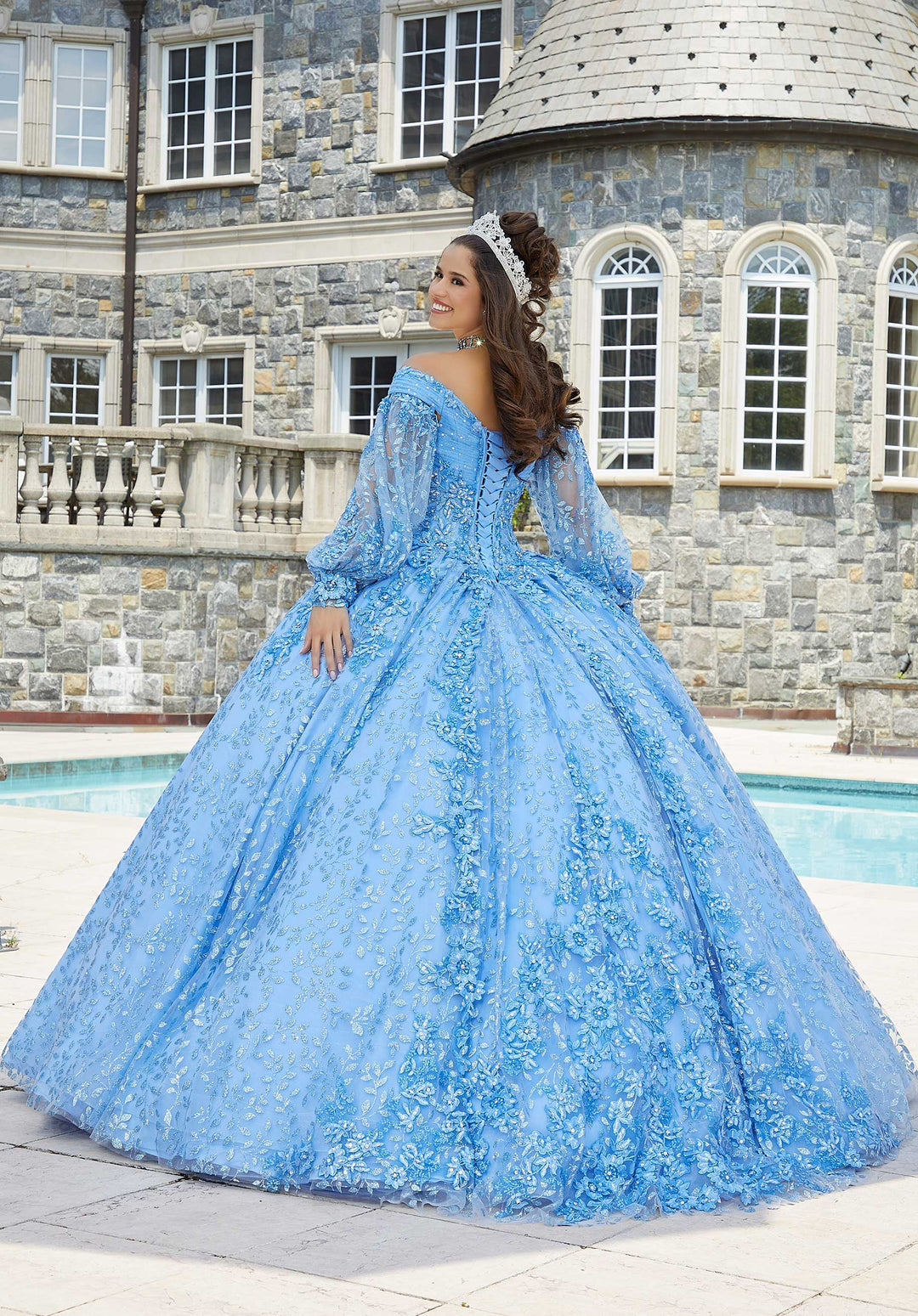 MORILEE #89411 FRENCH BLUE Patterned Glitter Tulle Quinceañera dress w –  PROM BAE