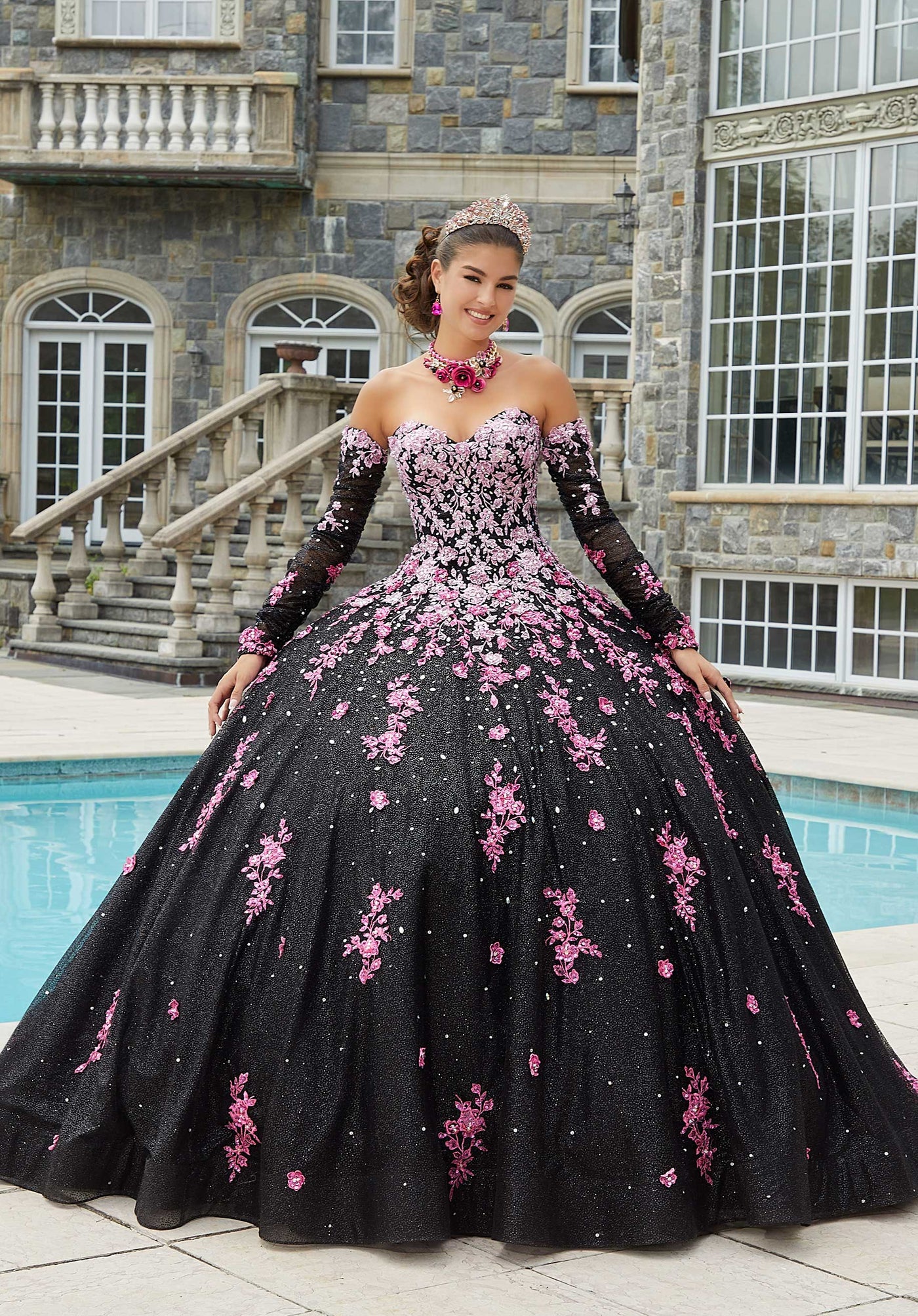 MORILEE #89415 BLACK/PINK Contrasting Ombré Embroidered Quinceañera Dress