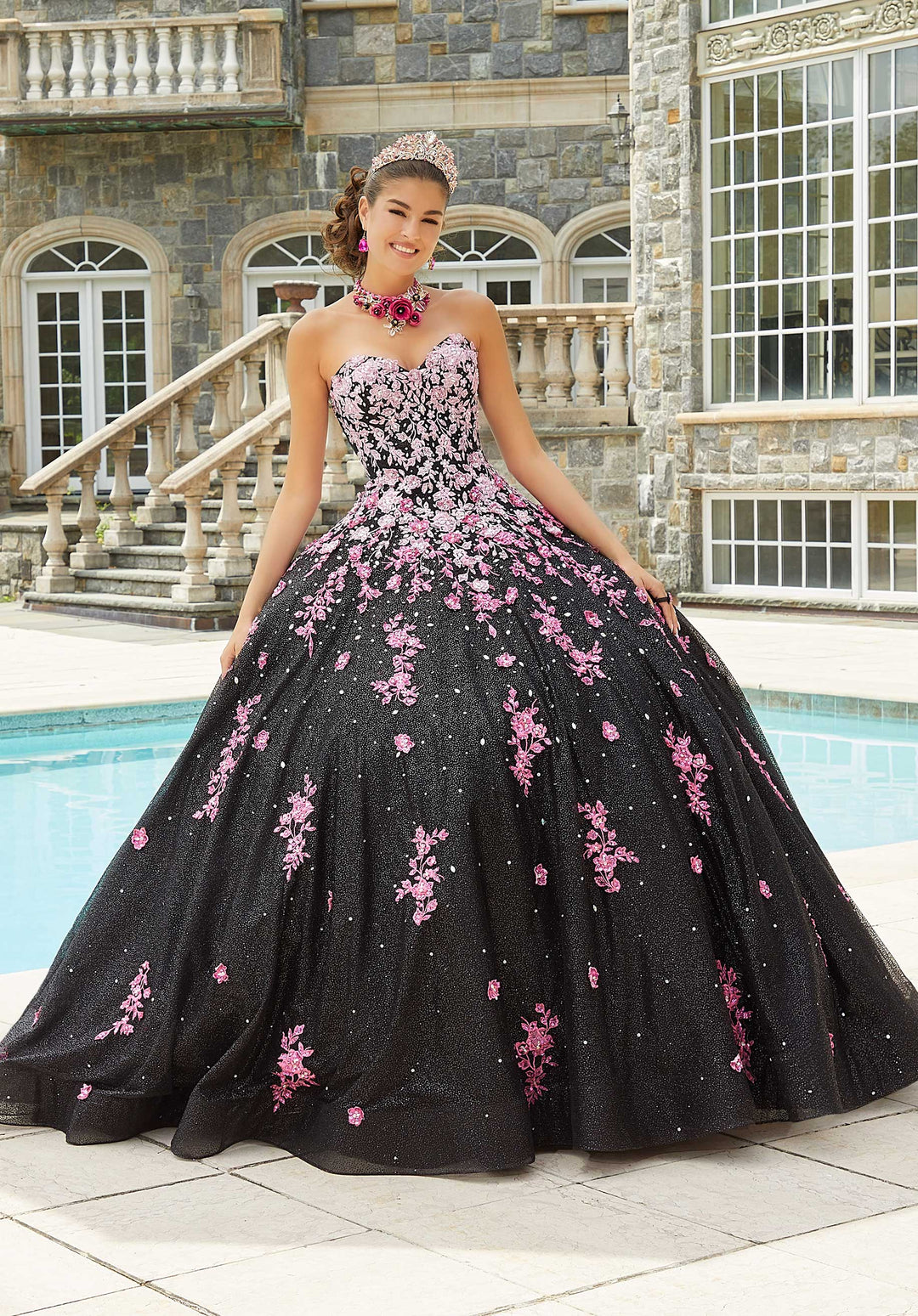 strapless open back dress MORILEE #89415 BLACK/PINK Contrasting Ombré Embroidered Quinceañera Dr –  PROM BAE