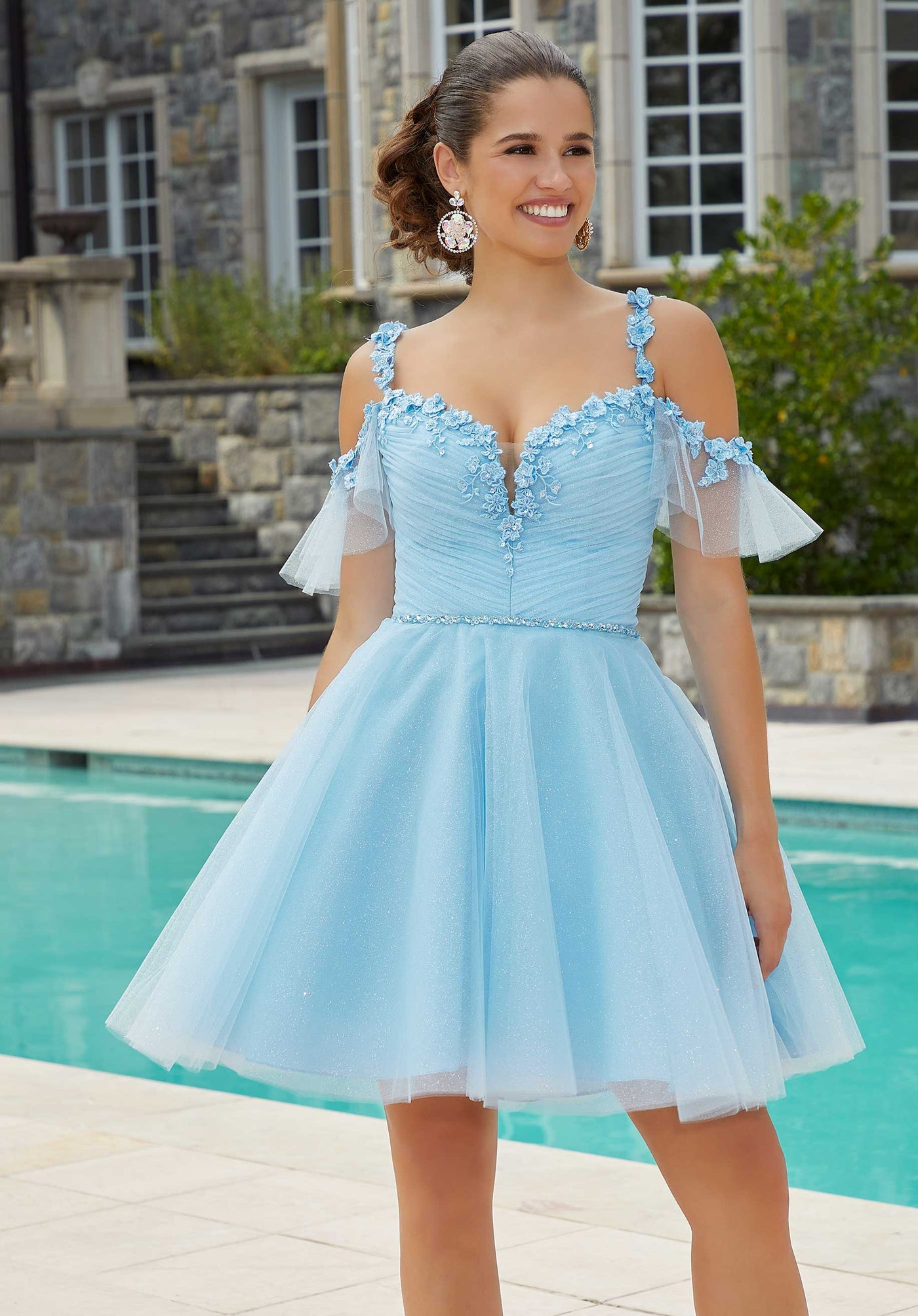 MORILEE #9616 BAHAMA BLUE Draped Tulle Party Dress with Three-Dimensional Florals